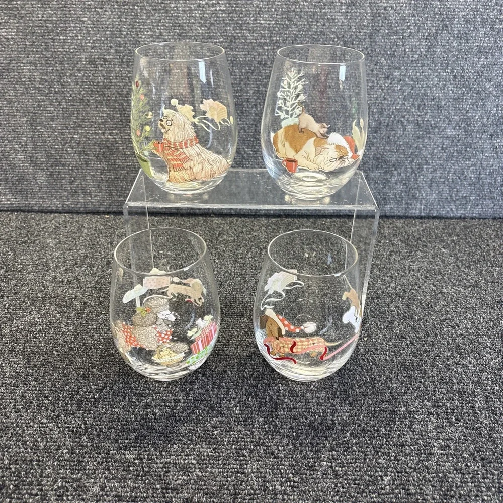 Pier 1~Set Of 4~Stemless Glasses~Dogs/Pups/Christmas